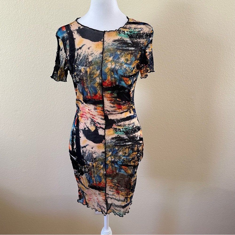 Blanc Sheer Short Sleeve Bodycon Multicolor Print Dress Size M NWOT - Picture 10 of 10